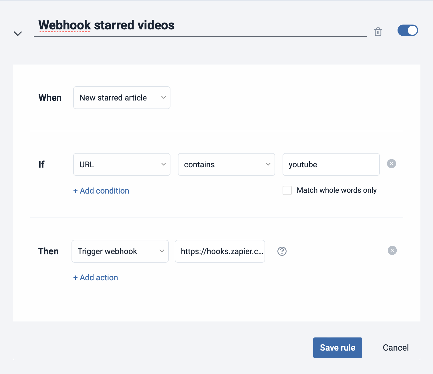 inoreader UI showing a rule with a webhook